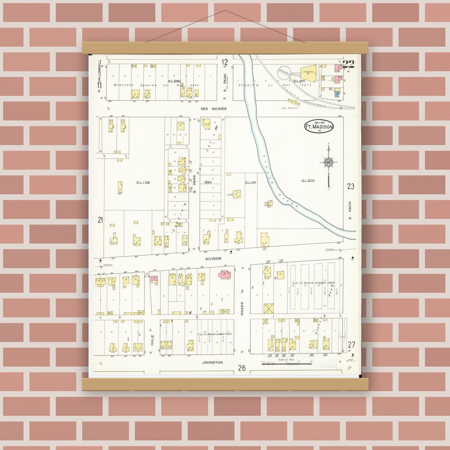 Old map wall art mockup — magnetic wood frame on brick wall — Sanborn Fire Insurance Map from Fort Madison, Lee County, Iowa (1913), Sheet #0022