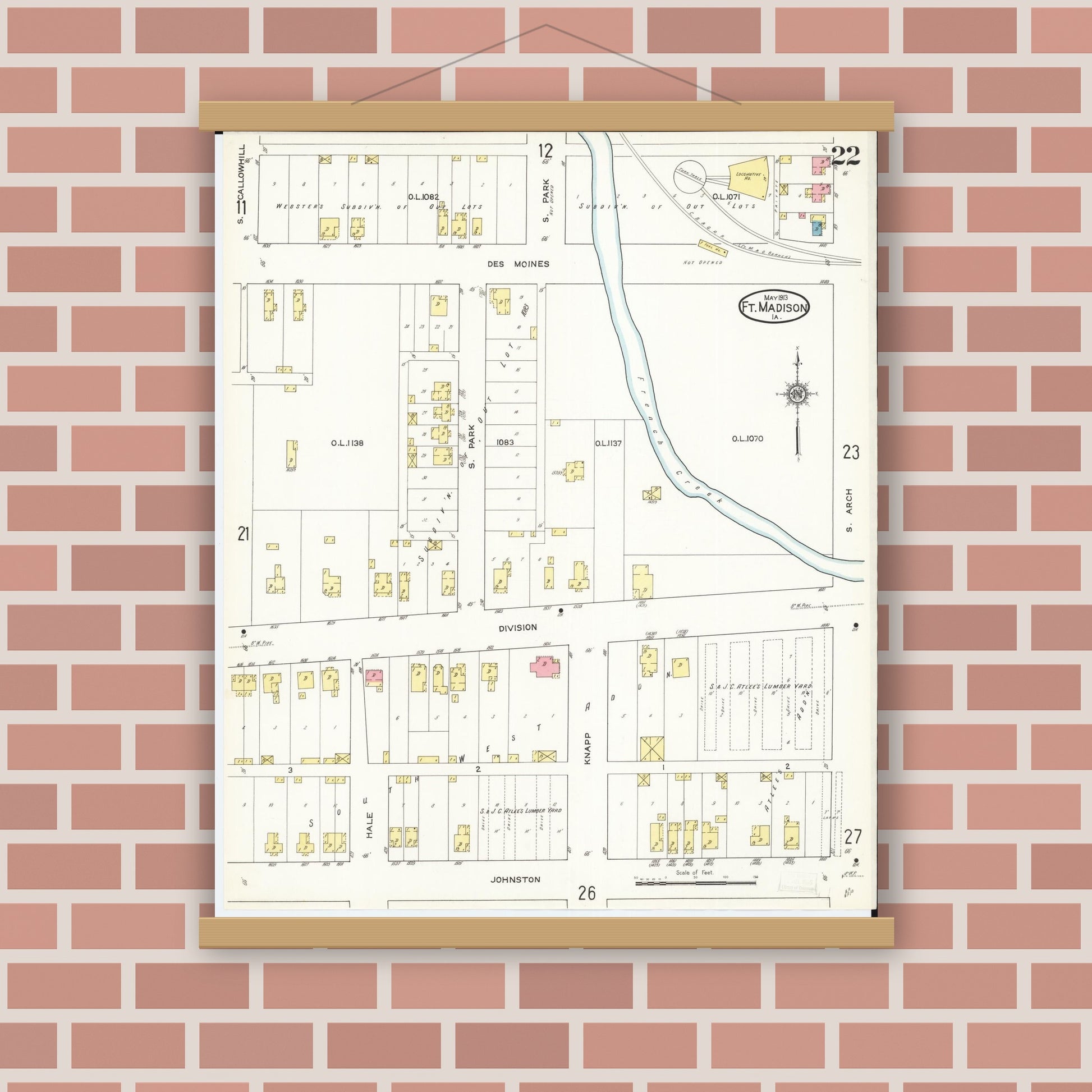Old map wall art mockup — magnetic wood frame on brick wall — Sanborn Fire Insurance Map from Fort Madison, Lee County, Iowa (1913), Sheet #0022