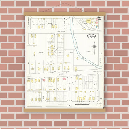 Old map wall art mockup — magnetic wood frame on brick wall — Sanborn Fire Insurance Map from Fort Madison, Lee County, Iowa (1913), Sheet #0022