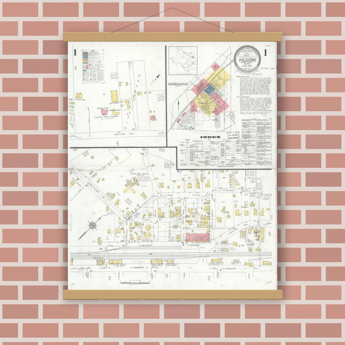 Old map wall art mockup — magnetic wood frame on brick wall — Sanborn Fire Insurance Map from Kilgore, Gregg County, Texas (1932), Sheet #0001