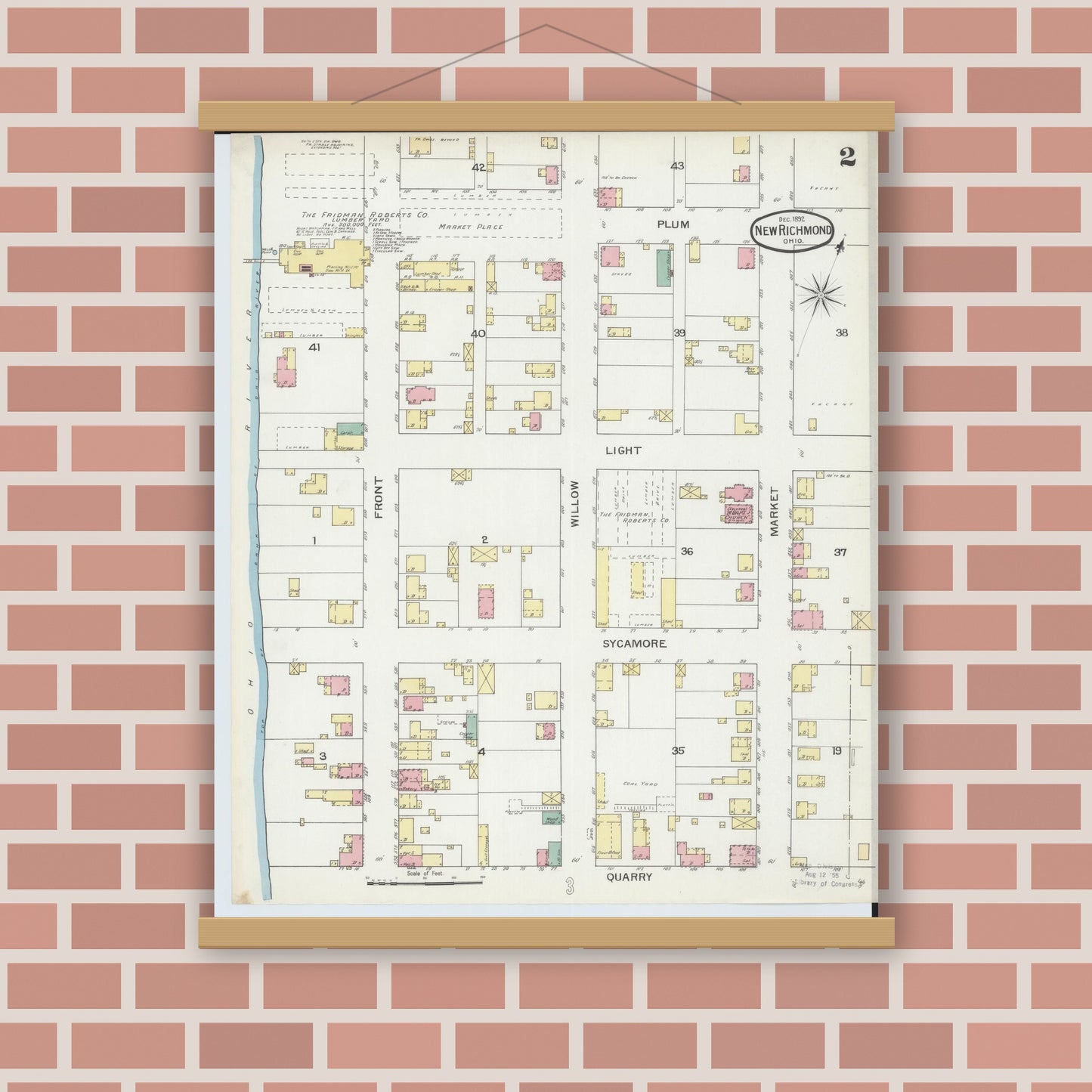 Old map wall art mockup — magnetic wood frame on brick wall — Sanborn Fire Insurance Map from New Richmond, Clermont County, Ohio (1892), Sheet #0002