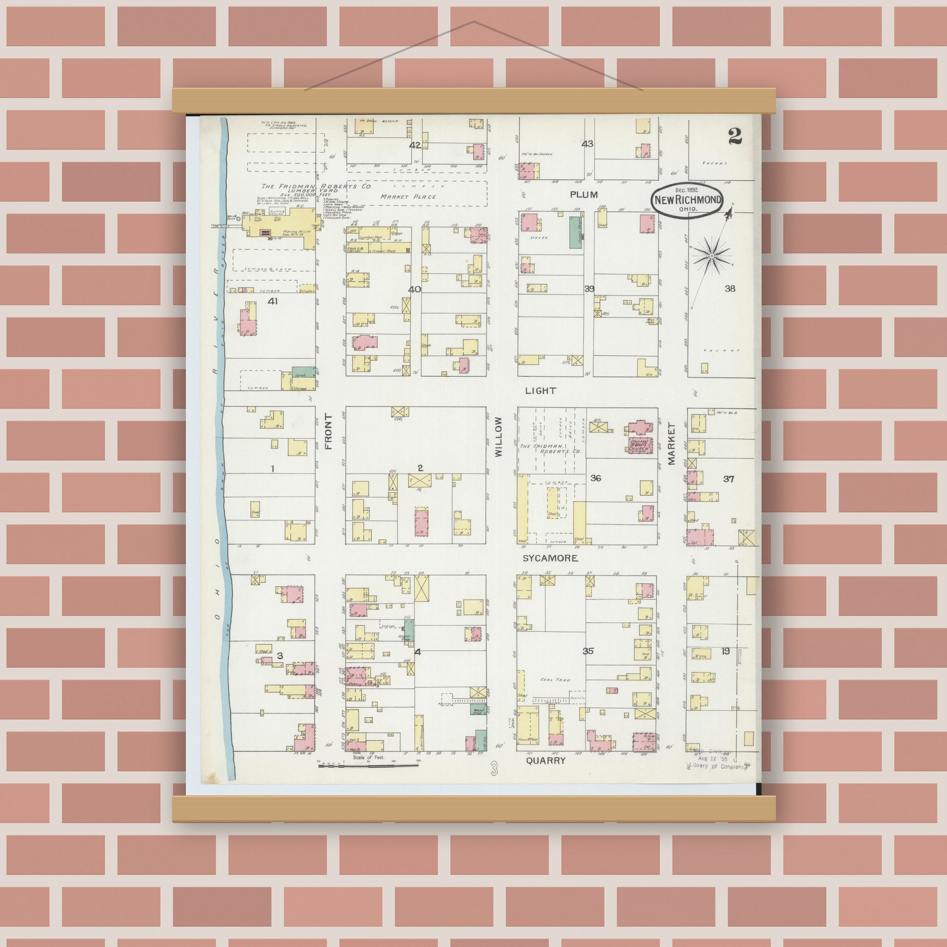 Old map wall art mockup — magnetic wood frame on brick wall — Sanborn Fire Insurance Map from New Richmond, Clermont County, Ohio (1892), Sheet #0002