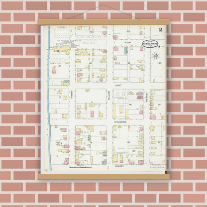 Old map wall art mockup — magnetic wood frame on brick wall — Sanborn Fire Insurance Map from New Richmond, Clermont County, Ohio (1892), Sheet #0002