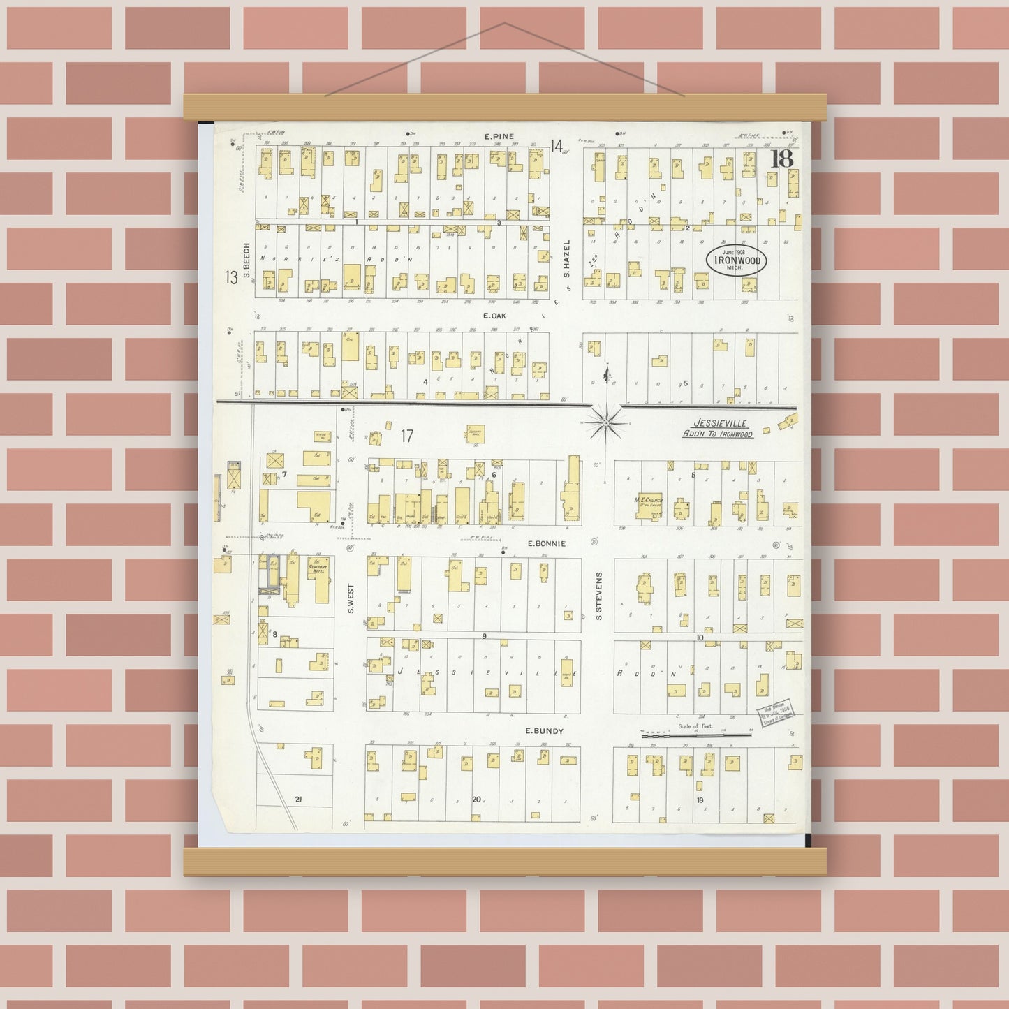 Old map wall art mockup — magnetic wood frame on brick wall — Sanborn Fire Insurance Map from Ironwood, Gogebic County, Michigan (1908), Sheet #0018