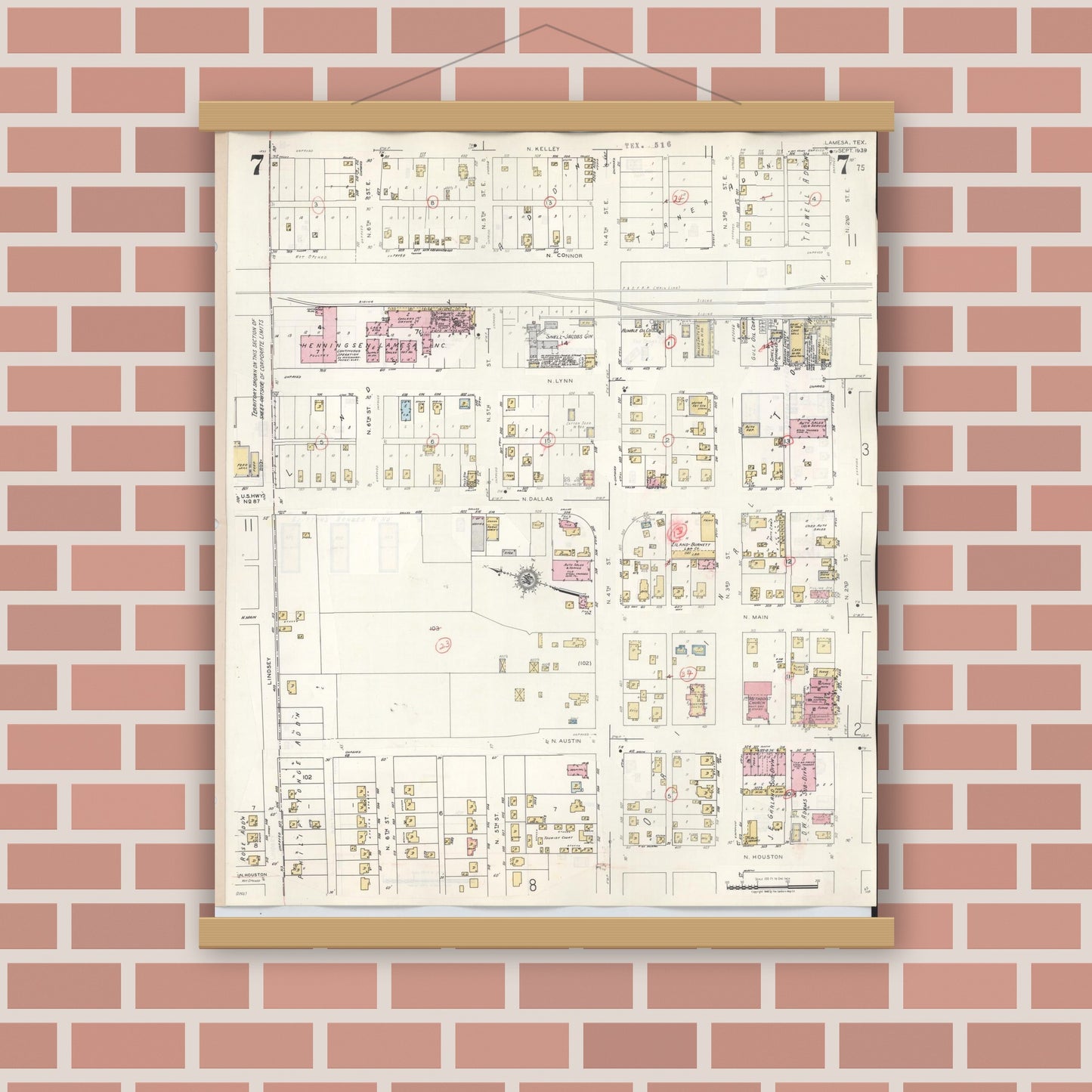 Old map wall art mockup — magnetic wood frame on brick wall — Sanborn Fire Insurance Map from Lamesa, Dawson County, Texas (1948), Sheet #0007
