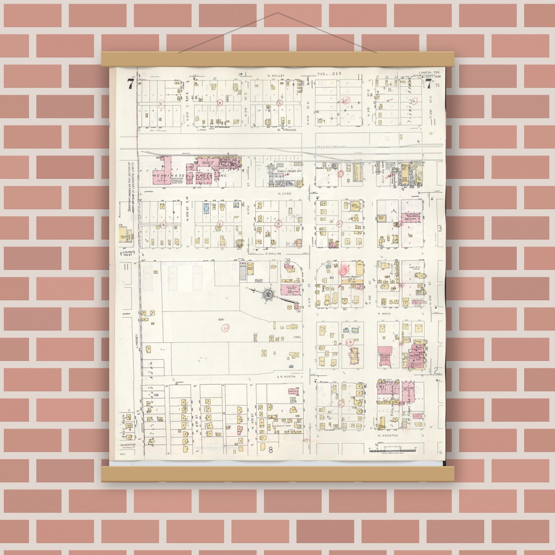 Old map wall art mockup — magnetic wood frame on brick wall — Sanborn Fire Insurance Map from Lamesa, Dawson County, Texas (1948), Sheet #0007