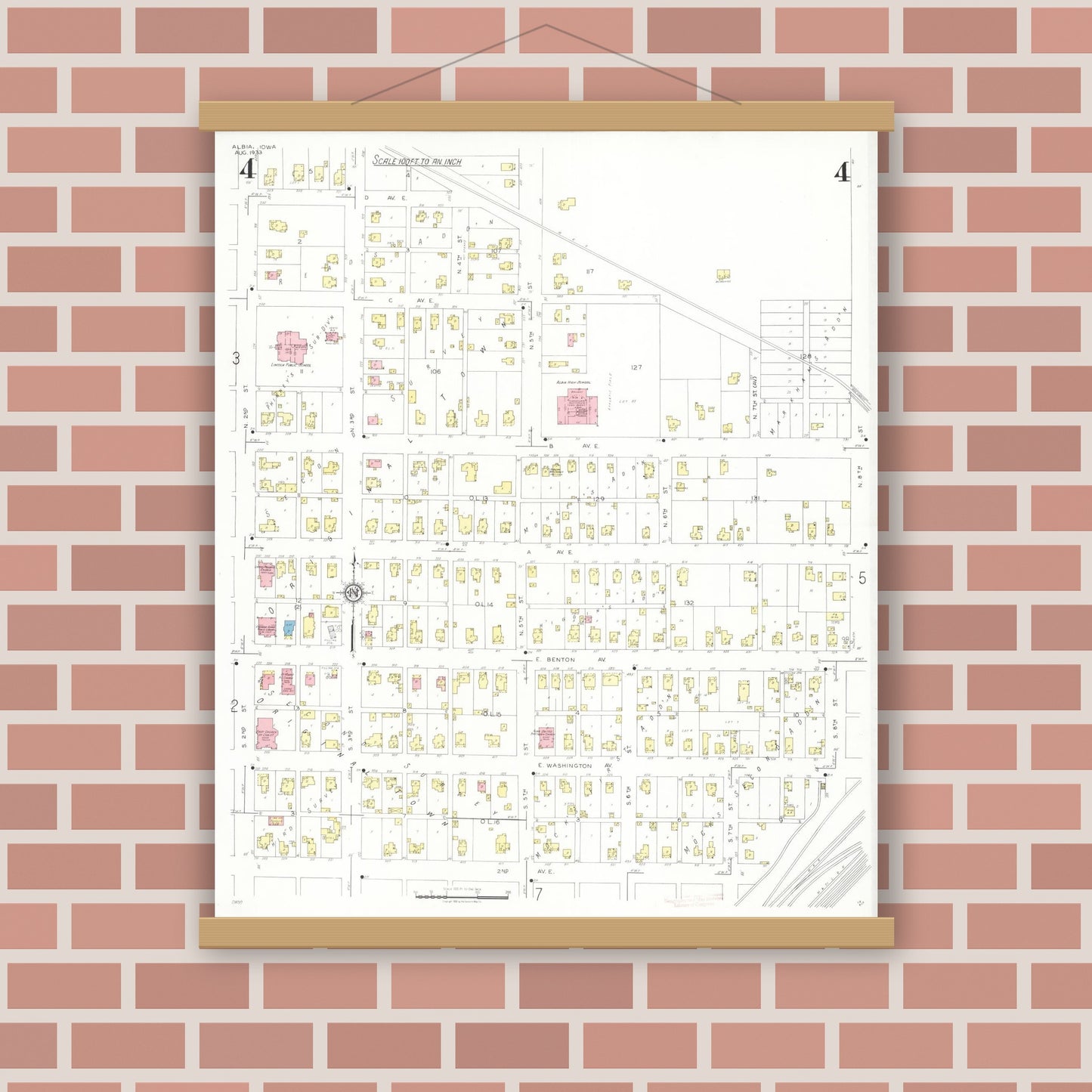 Old map wall art mockup — magnetic wood frame on brick wall — Sanborn Fire Insurance Map from Albia, Monroe County, Iowa (1933), Sheet #0004