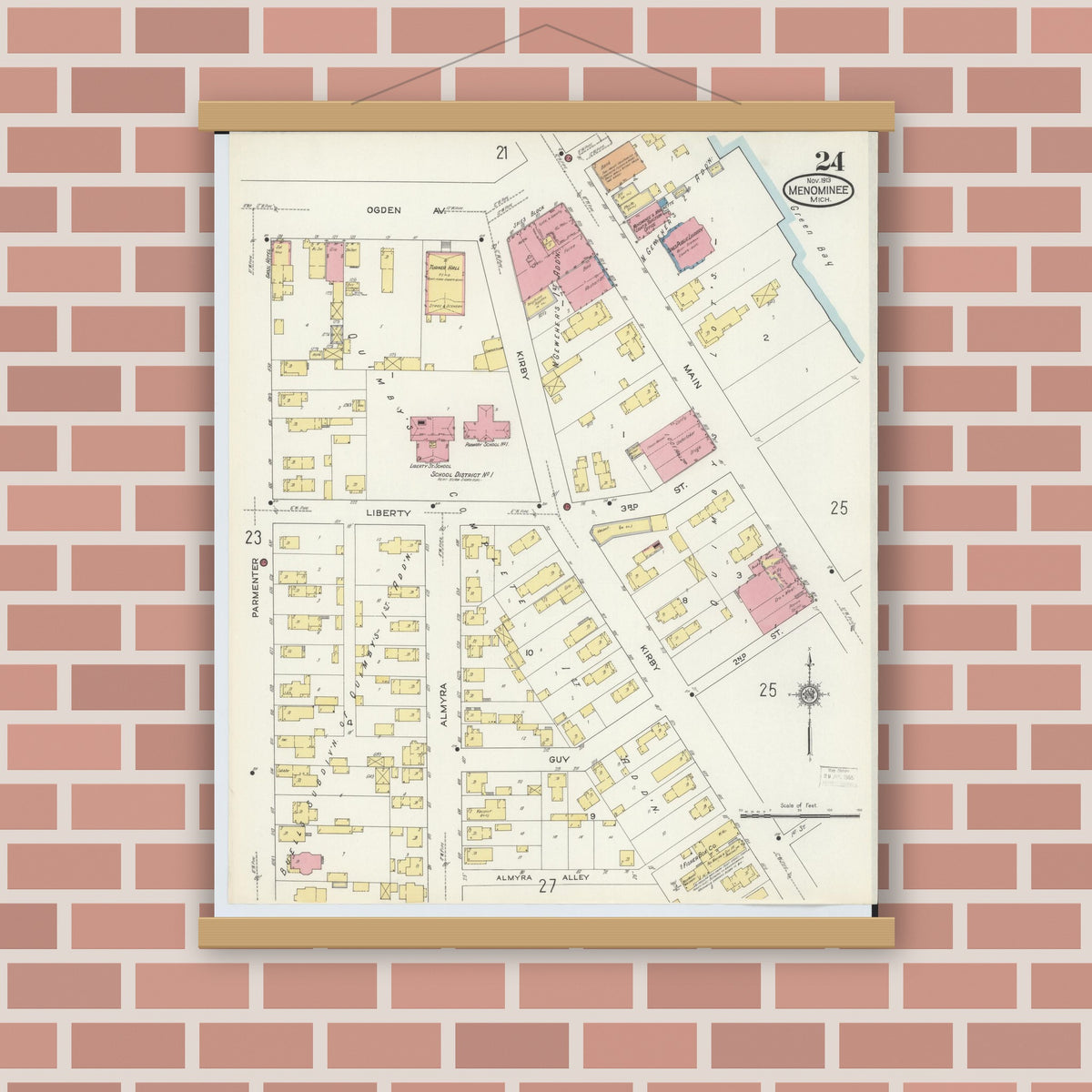 Old map wall art mockup — magnetic wood frame on brick wall — Sanborn Fire Insurance Map from Menominee, Menominee County, Michigan (1913), Sheet #0024