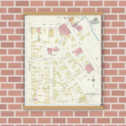 Old map wall art mockup — magnetic wood frame on brick wall — Sanborn Fire Insurance Map from Menominee, Menominee County, Michigan (1913), Sheet #0024