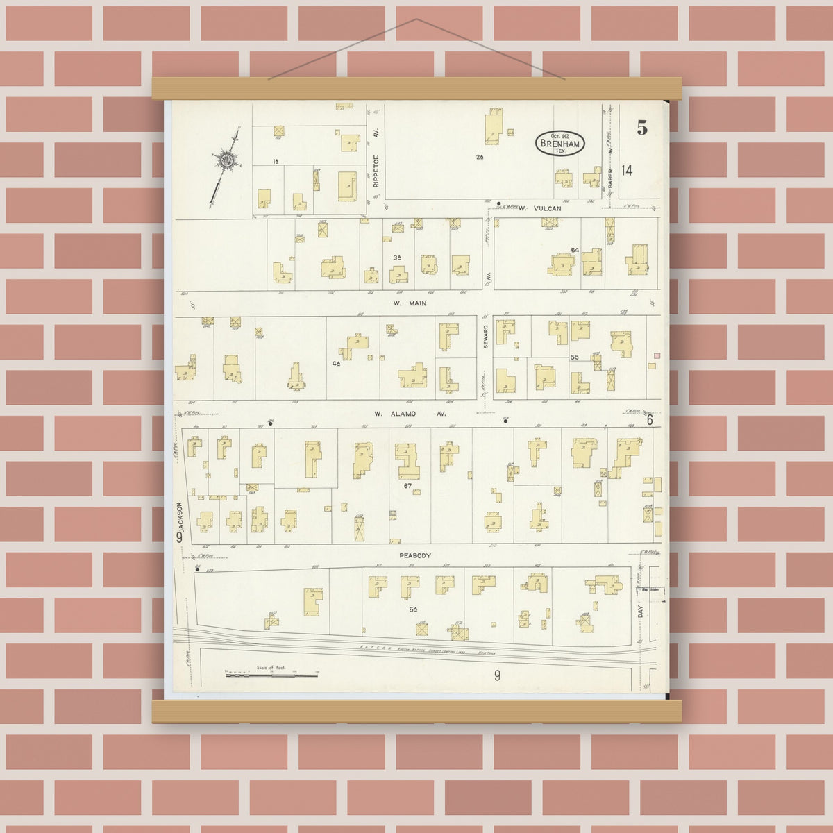 Old map wall art mockup — magnetic wood frame on brick wall — Sanborn Fire Insurance Map from Brenham, Washington County, Texas (1912), Sheet #0005