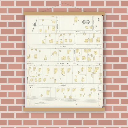 Old map wall art mockup — magnetic wood frame on brick wall — Sanborn Fire Insurance Map from Brenham, Washington County, Texas (1912), Sheet #0005