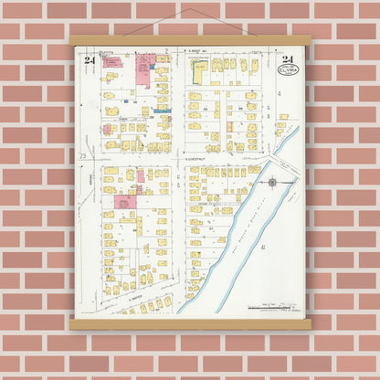 Old map wall art mockup — magnetic wood frame on brick wall — Sanborn Fire Insurance Map from Elyria, Lorain County, Ohio (1925), Sheet #0024