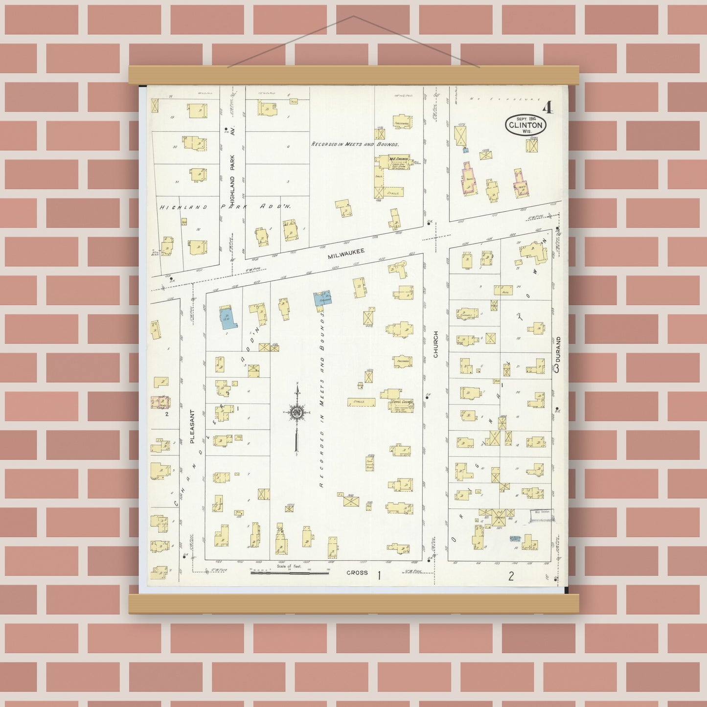 Old map wall art mockup — magnetic wood frame on brick wall — Sanborn Fire Insurance Map from Clinton, Rock County, Wisconsin (1914), Sheet #0004