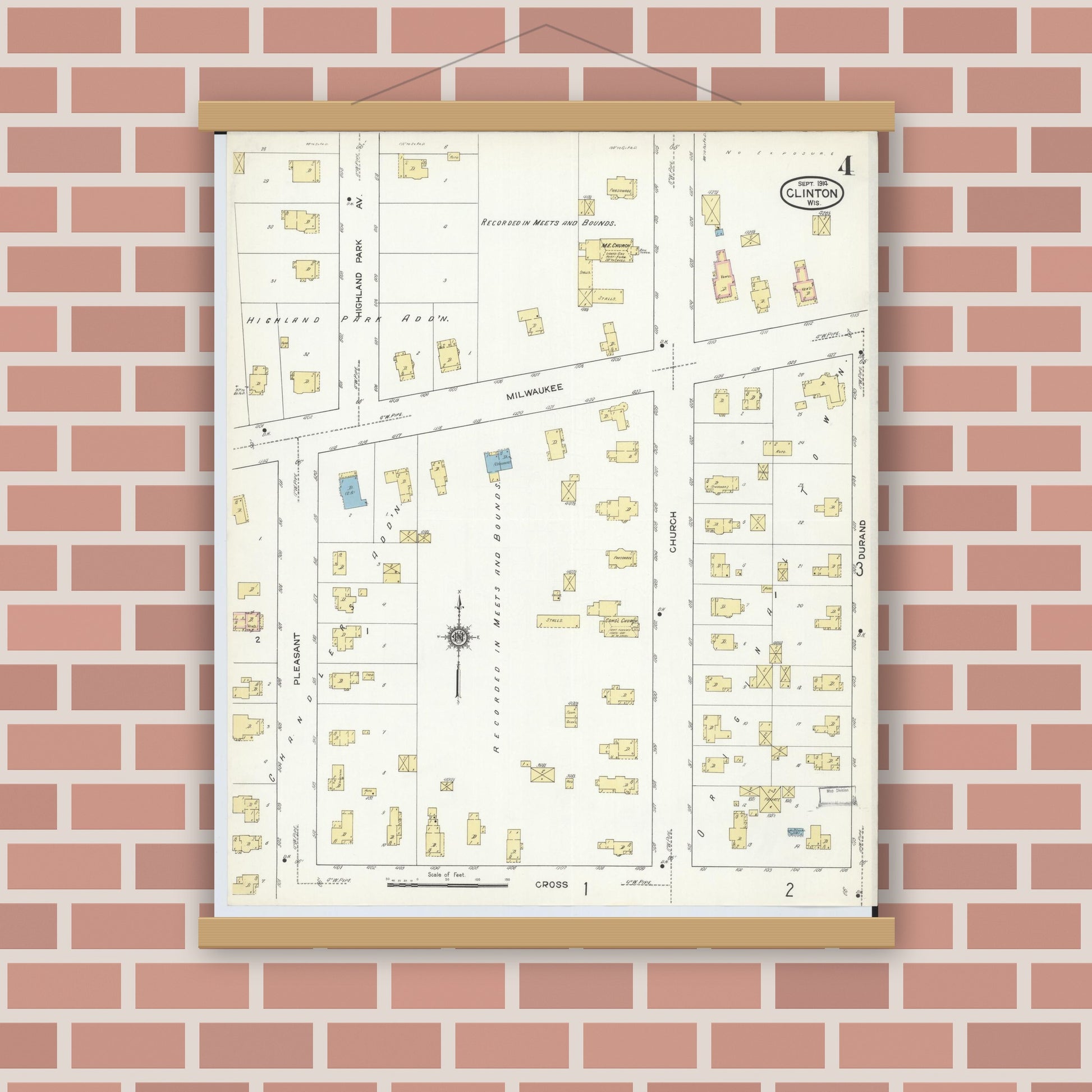 Old map wall art mockup — magnetic wood frame on brick wall — Sanborn Fire Insurance Map from Clinton, Rock County, Wisconsin (1914), Sheet #0004