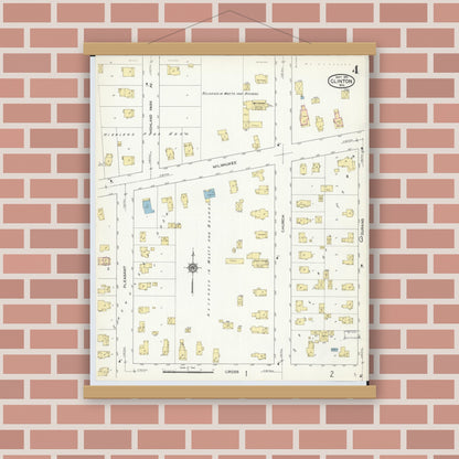 Old map wall art mockup — magnetic wood frame on brick wall — Sanborn Fire Insurance Map from Clinton, Rock County, Wisconsin (1914), Sheet #0004