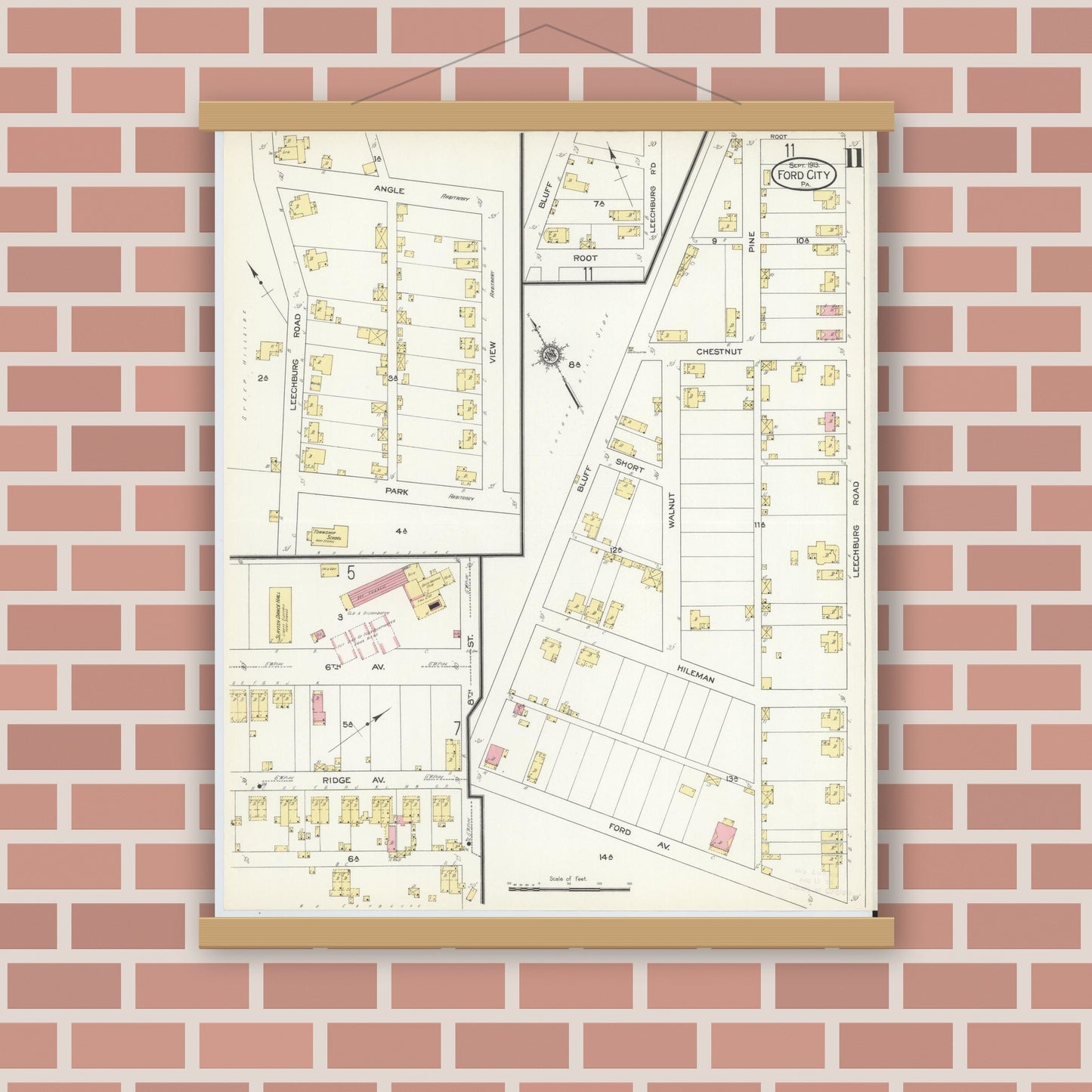 Old map wall art mockup — magnetic wood frame on brick wall — Sanborn Fire Insurance Map from Ford City, Armstrong County, Pennsylvania (1913), Sheet #0011