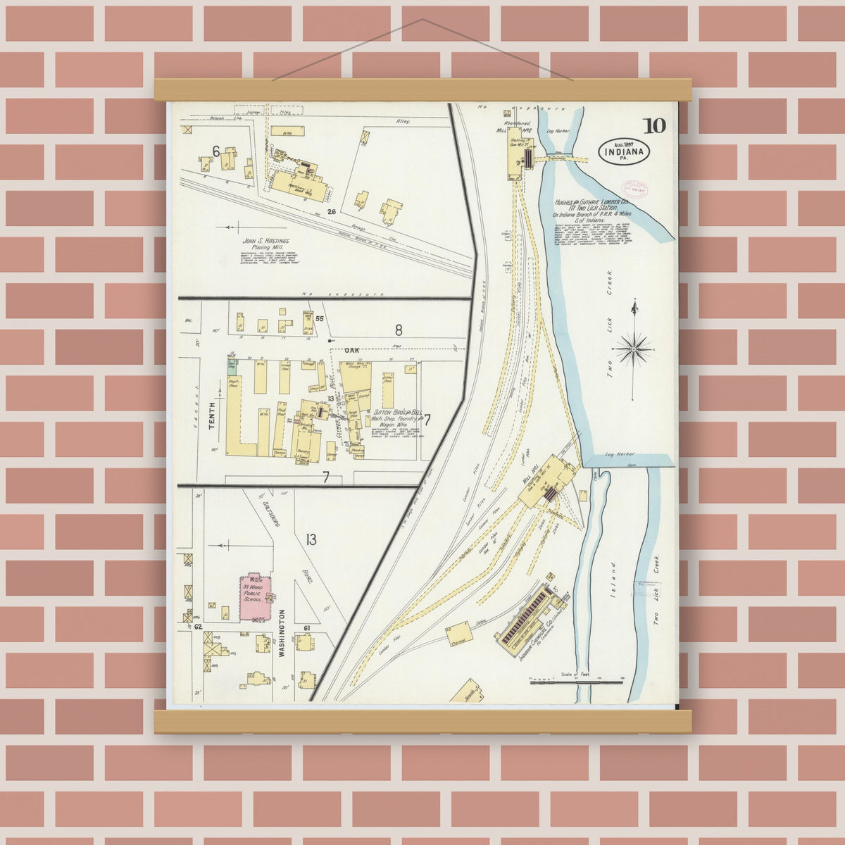 Old map wall art mockup — magnetic wood frame on brick wall — Sanborn Fire Insurance Map from Indiana, Indiana County, Pennsylvania (1888), Sheet #0010