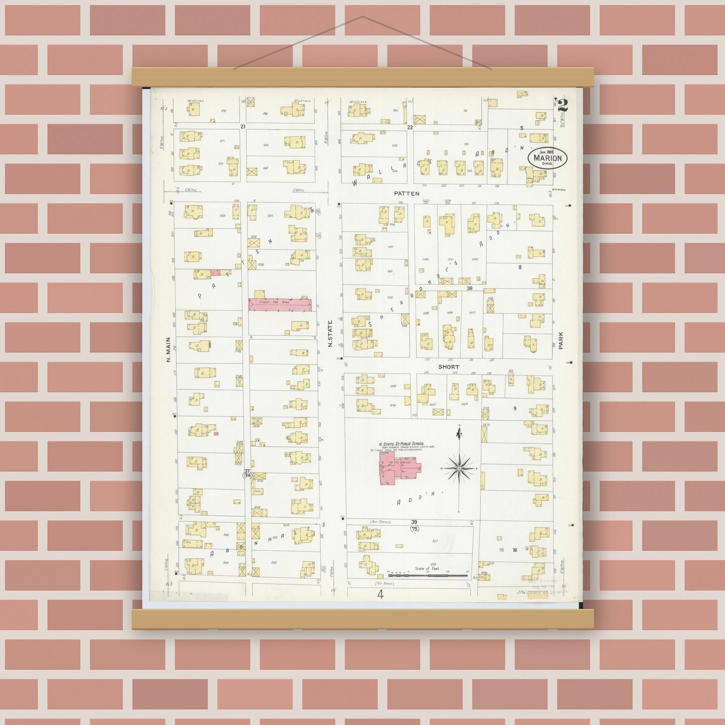 Old map wall art mockup — magnetic wood frame on brick wall — Sanborn Fire Insurance Map from Marion, Marion County, Ohio (1908), Sheet #0002