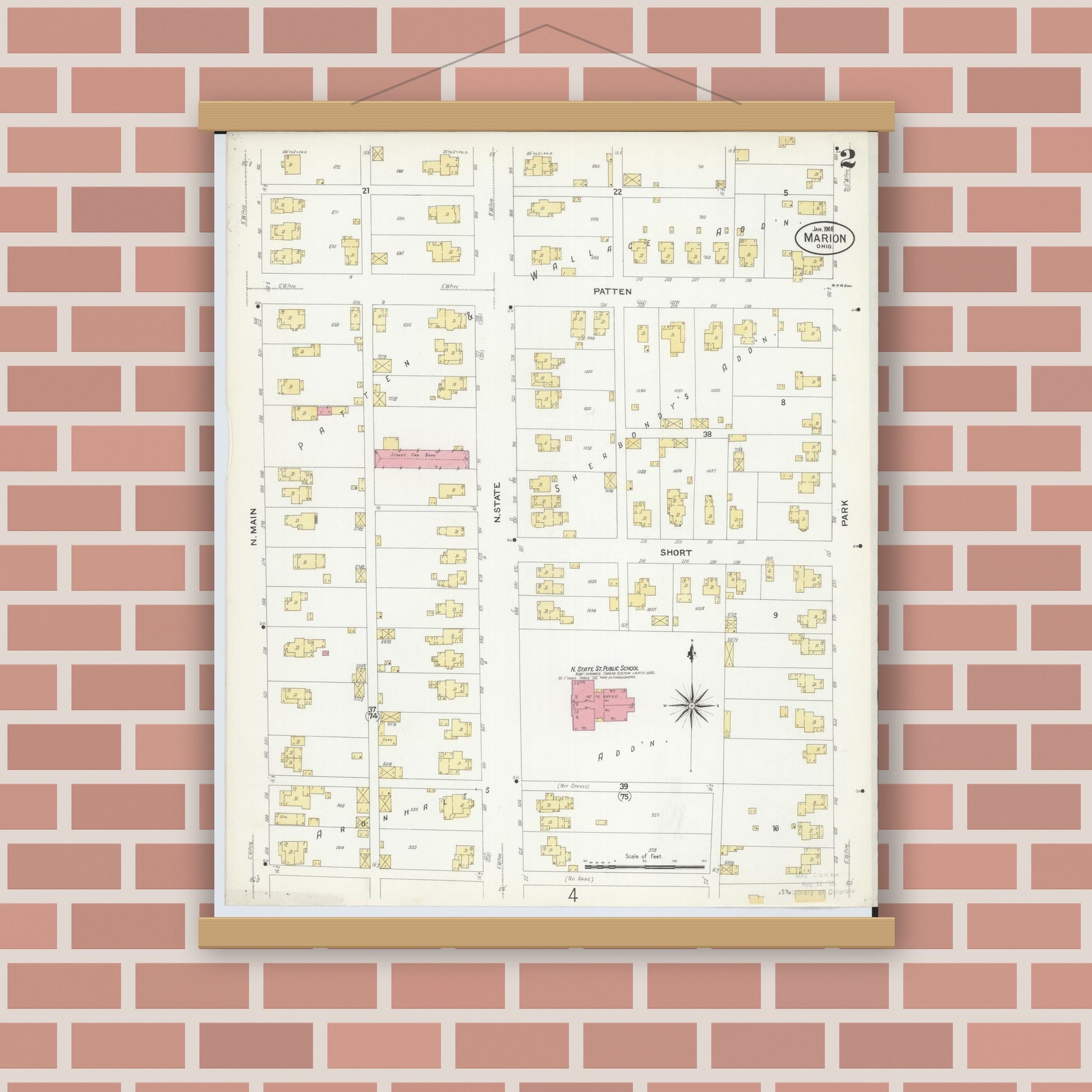 Old map wall art mockup — magnetic wood frame on brick wall — Sanborn Fire Insurance Map from Marion, Marion County, Ohio (1908), Sheet #0002