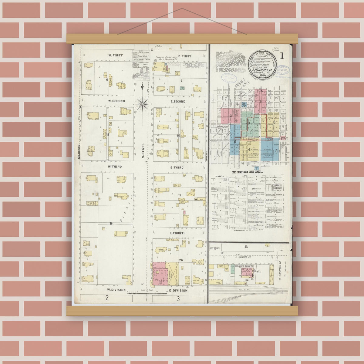 Old map wall art mockup — magnetic wood frame on brick wall — Sanborn Fire Insurance Map from Litchfield, Montgomery County, Illinois (1897), Sheet #0001