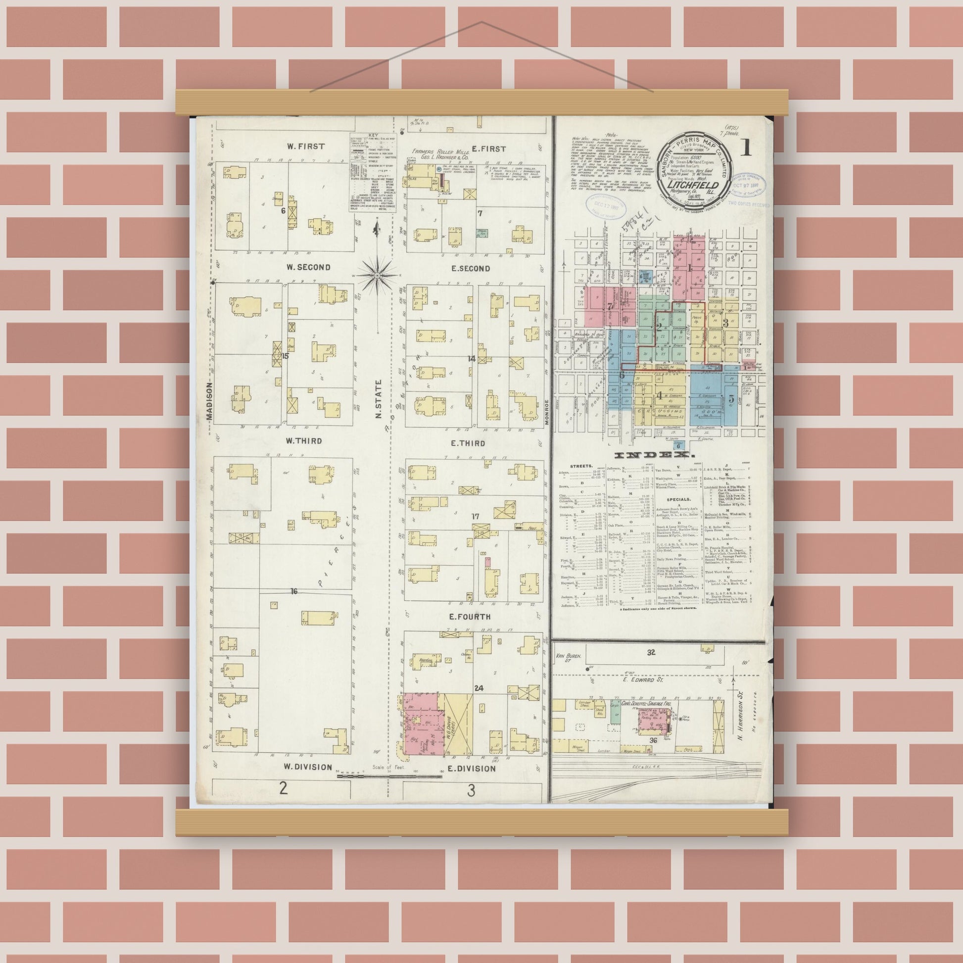 Old map wall art mockup — magnetic wood frame on brick wall — Sanborn Fire Insurance Map from Litchfield, Montgomery County, Illinois (1897), Sheet #0001