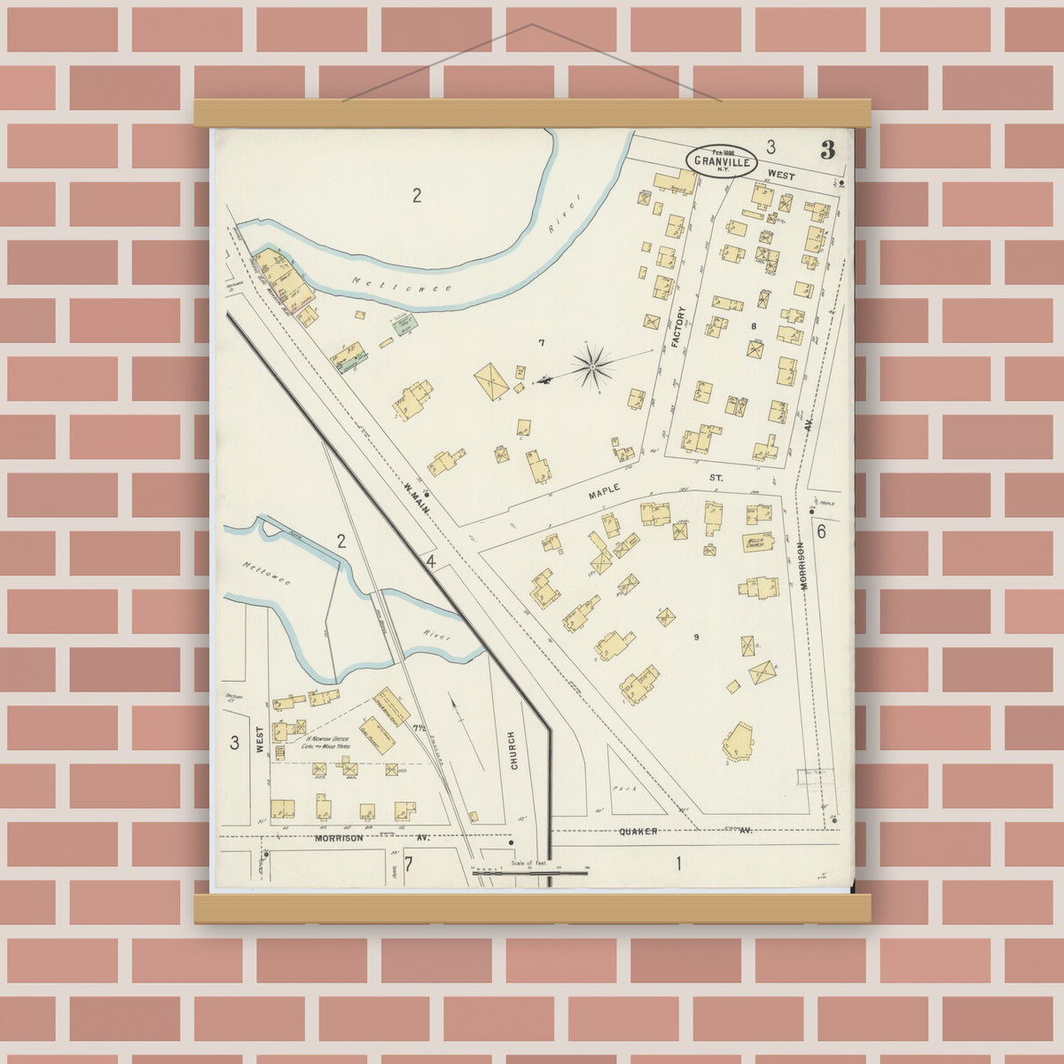 Old map wall art mockup — magnetic wood frame on brick wall — Sanborn Fire Insurance Map from Granville, Washington County, New York (1898), Sheet #0003