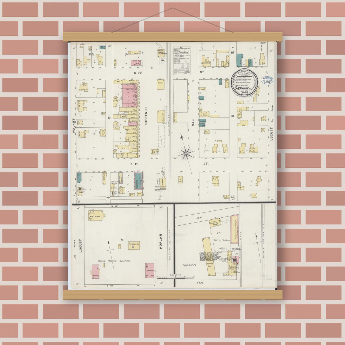 Old map wall art mockup — magnetic wood frame on brick wall — Sanborn Fire Insurance Map from Onarga, Iroquois County, Illinois (1894), Sheet #0001