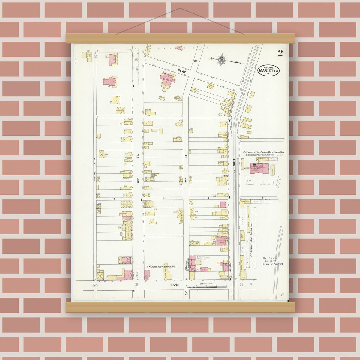 Old map wall art mockup — magnetic wood frame on brick wall — Sanborn Fire Insurance Map from Marietta, Lancaster County, Pennsylvania (1909), Sheet #0002