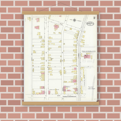 Old map wall art mockup — magnetic wood frame on brick wall — Sanborn Fire Insurance Map from Marietta, Lancaster County, Pennsylvania (1909), Sheet #0002