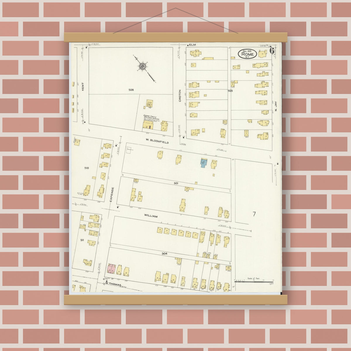 Old map wall art mockup — magnetic wood frame on brick wall — Sanborn Fire Insurance Map from Rome, Oneida County, New York (1909), Sheet #0006