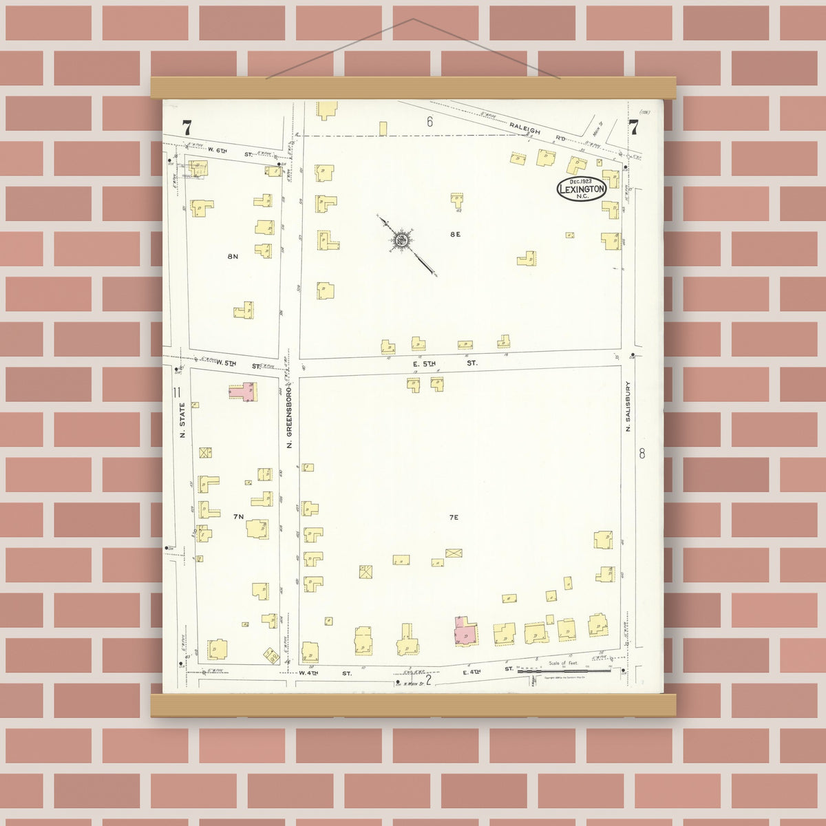 Old map wall art mockup — magnetic wood frame on brick wall — Sanborn Fire Insurance Map from Lexington, Davidson County, North Carolina (1923), Sheet #0007