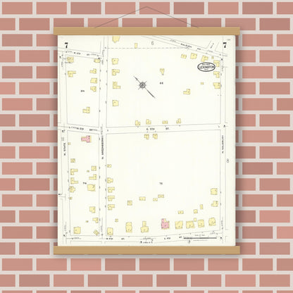 Old map wall art mockup — magnetic wood frame on brick wall — Sanborn Fire Insurance Map from Lexington, Davidson County, North Carolina (1923), Sheet #0007