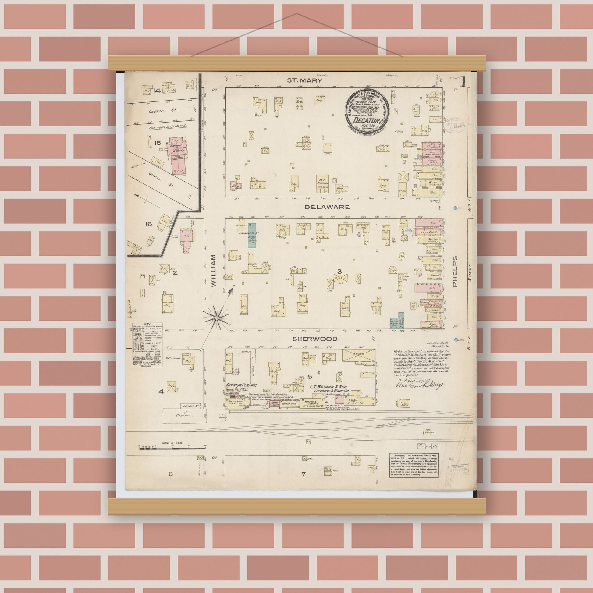 Old map wall art mockup — magnetic wood frame on brick wall — Sanborn Fire Insurance Map from Decatur, Van Buren County, Michigan (1884), Sheet #0001