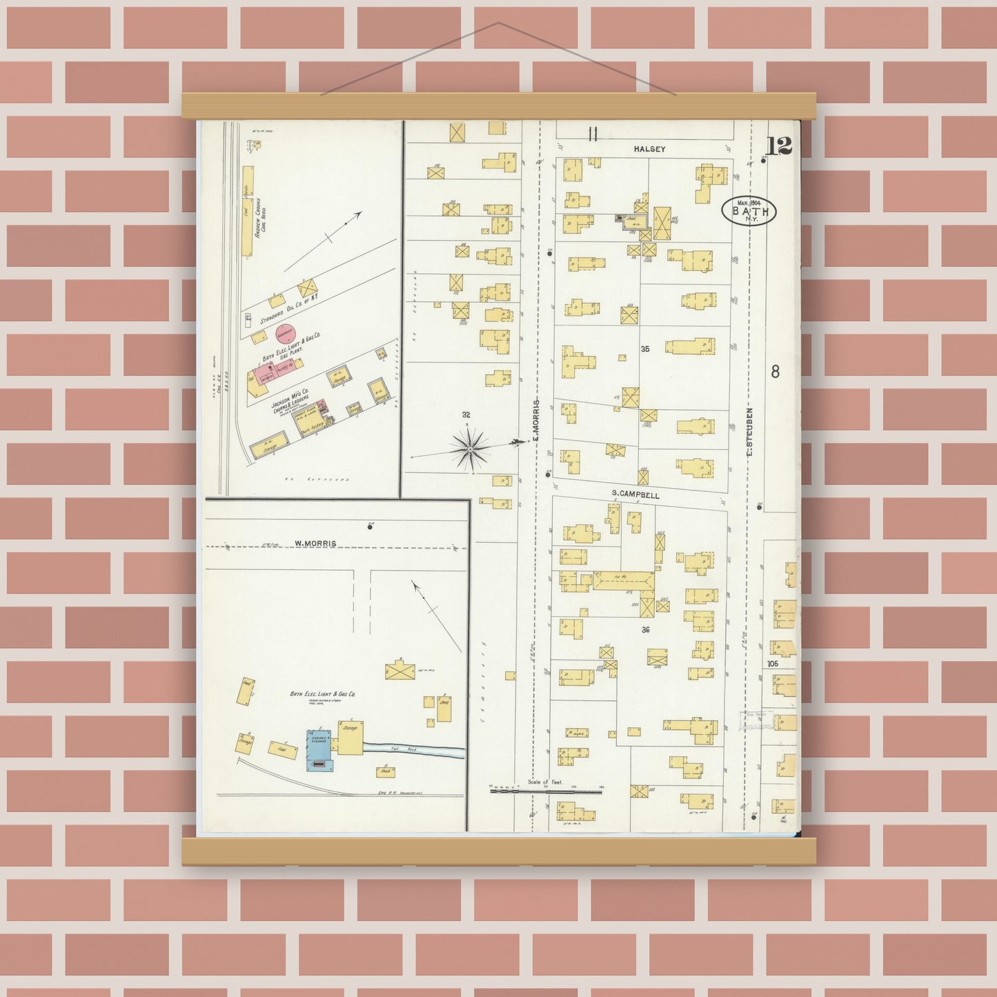 Old map wall art mockup — magnetic wood frame on brick wall — Sanborn Fire Insurance Map from Bath, Steuben County, New York (1904), Sheet #0012