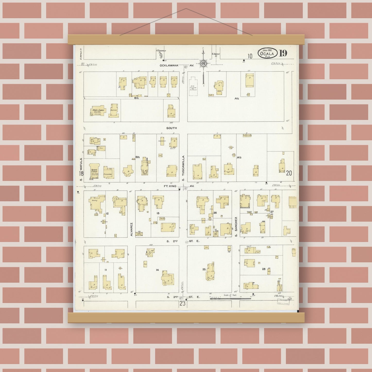 Old map wall art mockup — magnetic wood frame on brick wall — Sanborn Fire Insurance Map from Ocala, Marion County, Florida (1912), Sheet #0019