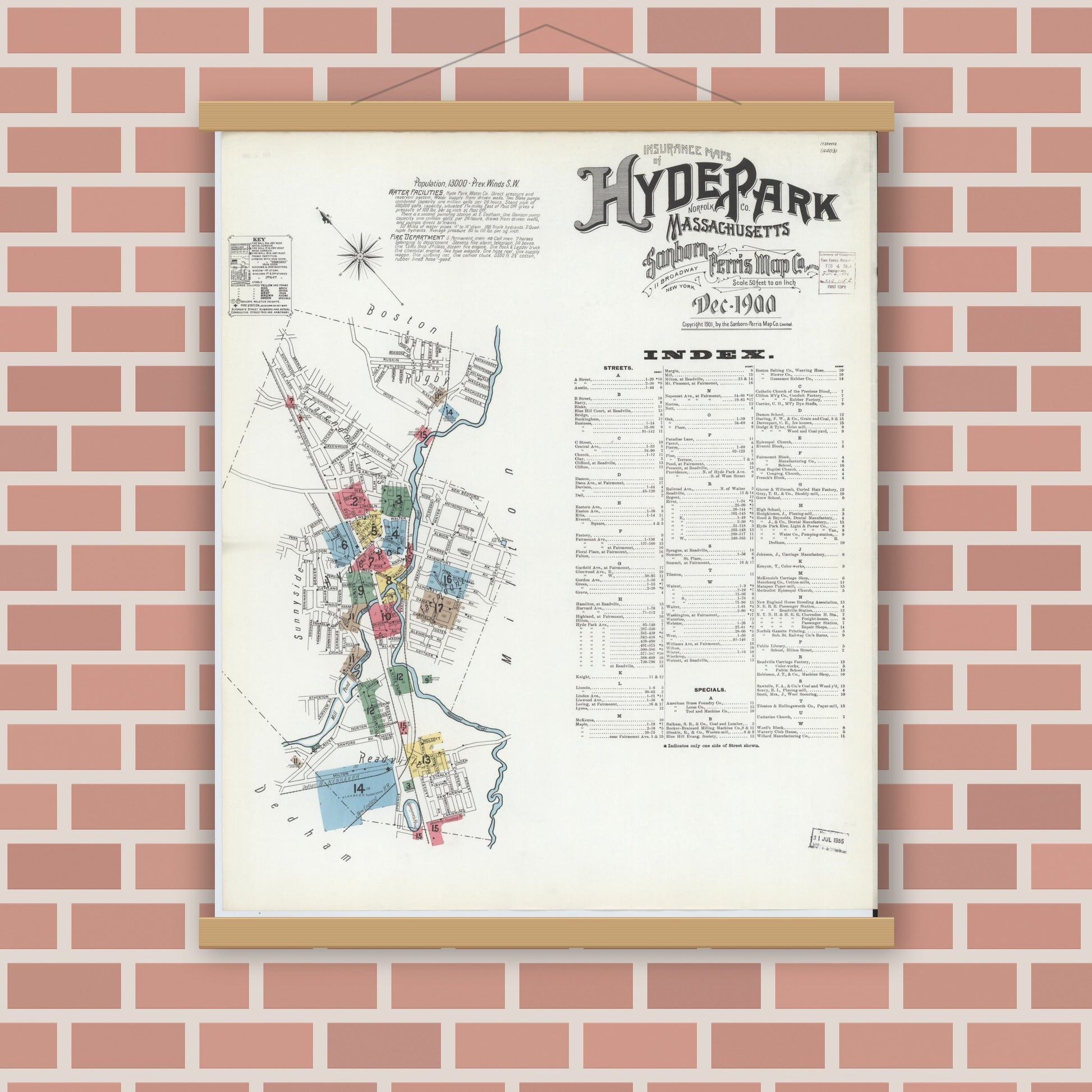 Old map wall art mockup — magnetic wood frame on brick wall — Sanborn Fire Insurance Map from Hyde Park, Norfolk County, Massachusetts (1900) - Complete Map Set