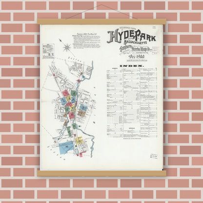 Old map wall art mockup — magnetic wood frame on brick wall — Sanborn Fire Insurance Map from Hyde Park, Norfolk County, Massachusetts (1900) - Complete Map Set