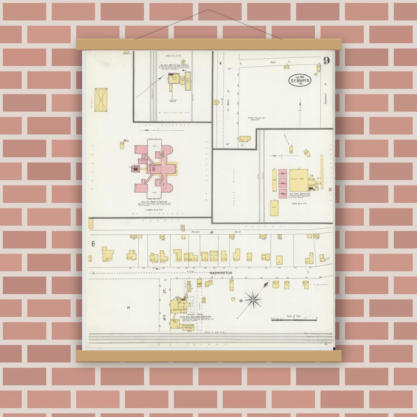 Old map wall art mockup — magnetic wood frame on brick wall — Sanborn Fire Insurance Map from Saint Marys, Elk County, Pennsylvania (1904), Sheet #0009