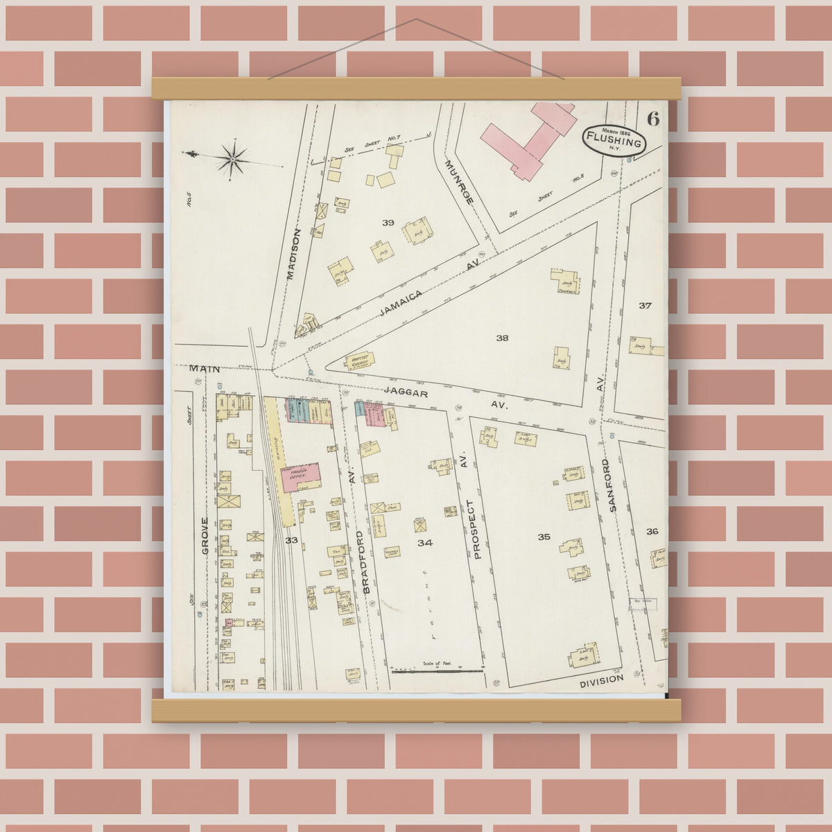 Old map wall art mockup — magnetic wood frame on brick wall — Sanborn Fire Insurance Map from Flushing, Queens County, New York (1886), Sheet #0006