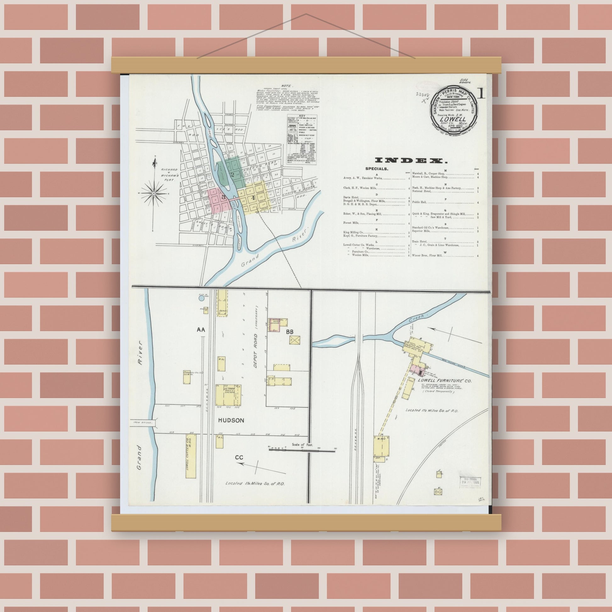 Old map wall art mockup — magnetic wood frame on brick wall — Sanborn Fire Insurance Map from Lowell, Kent County, Michigan (1892) - Complete Map Set