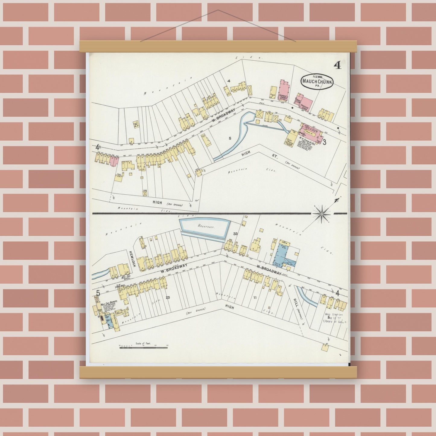 Old map wall art mockup — magnetic wood frame on brick wall — Sanborn Fire Insurance Map from Mauch Chunk, Carbon County, Pennsylvania (1896), Sheet #0004