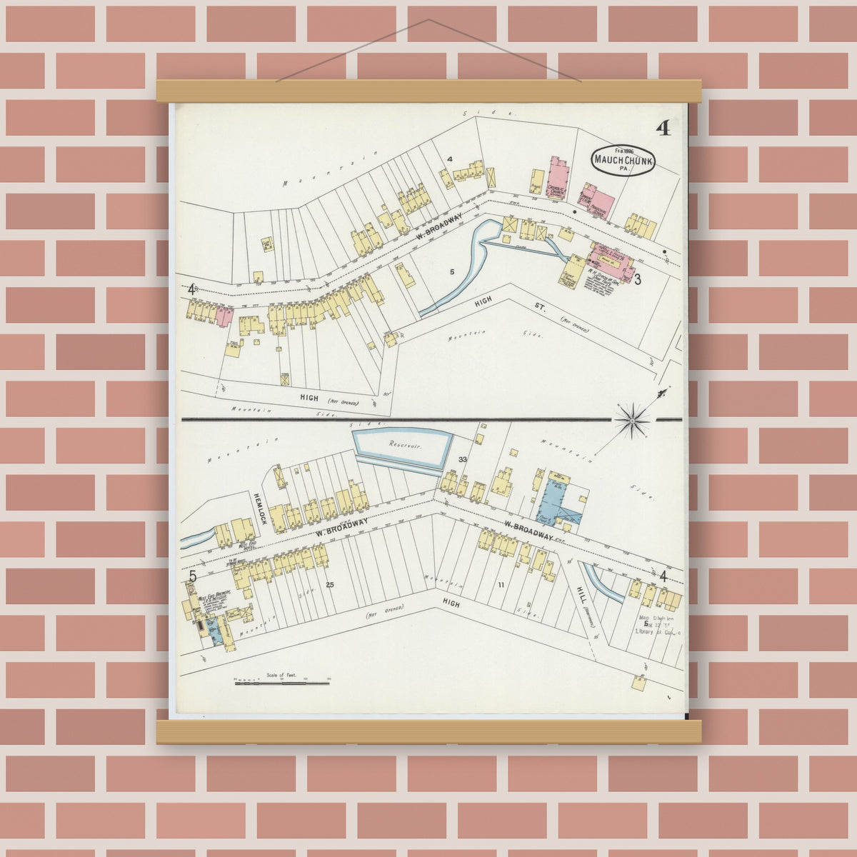 Old map wall art mockup — magnetic wood frame on brick wall — Sanborn Fire Insurance Map from Mauch Chunk, Carbon County, Pennsylvania (1896), Sheet #0004