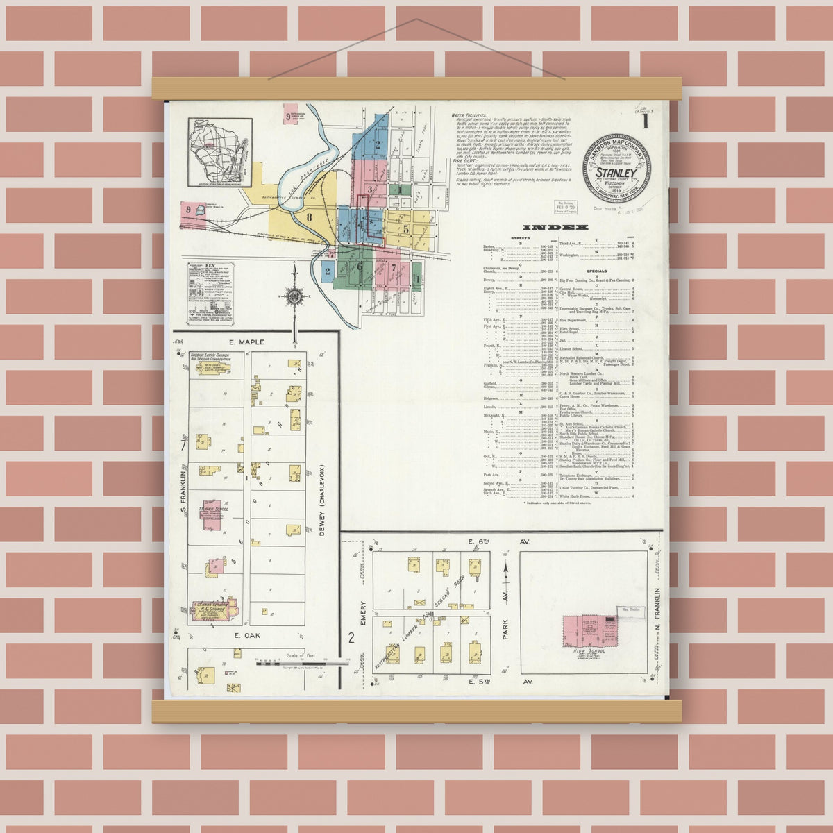 Old map wall art mockup — magnetic wood frame on brick wall — Sanborn Fire Insurance Map from Stanley, Chippewa County, Wisconsin (1919), Sheet #0001