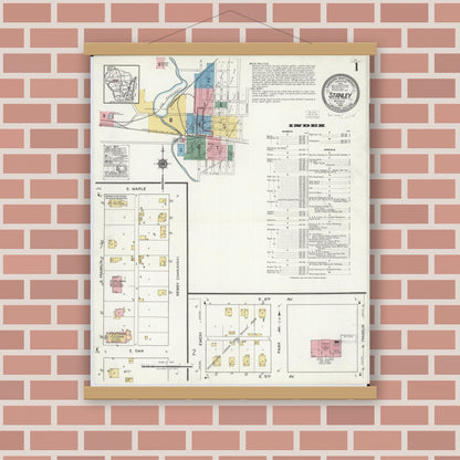 Old map wall art mockup — magnetic wood frame on brick wall — Sanborn Fire Insurance Map from Stanley, Chippewa County, Wisconsin (1919), Sheet #0001