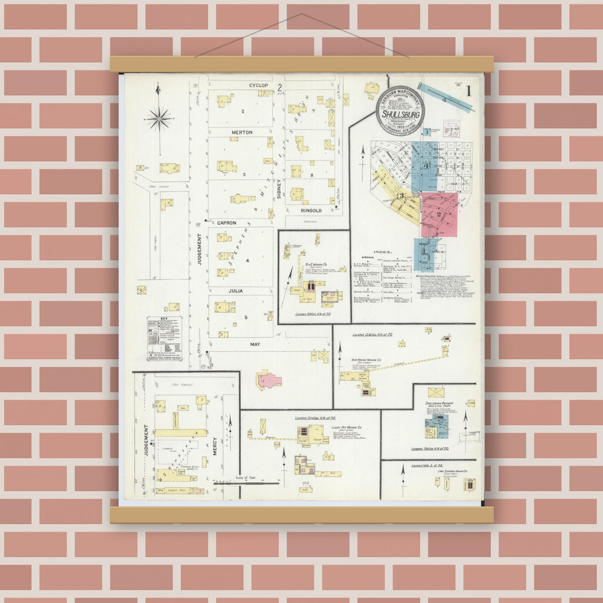 Old map wall art mockup — magnetic wood frame on brick wall — Sanborn Fire Insurance Map from Shullsburg, Lafayette County, Wisconsin (1908) - Complete Map Set