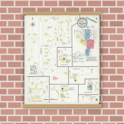 Old map wall art mockup — magnetic wood frame on brick wall — Sanborn Fire Insurance Map from Shullsburg, Lafayette County, Wisconsin (1908) - Complete Map Set