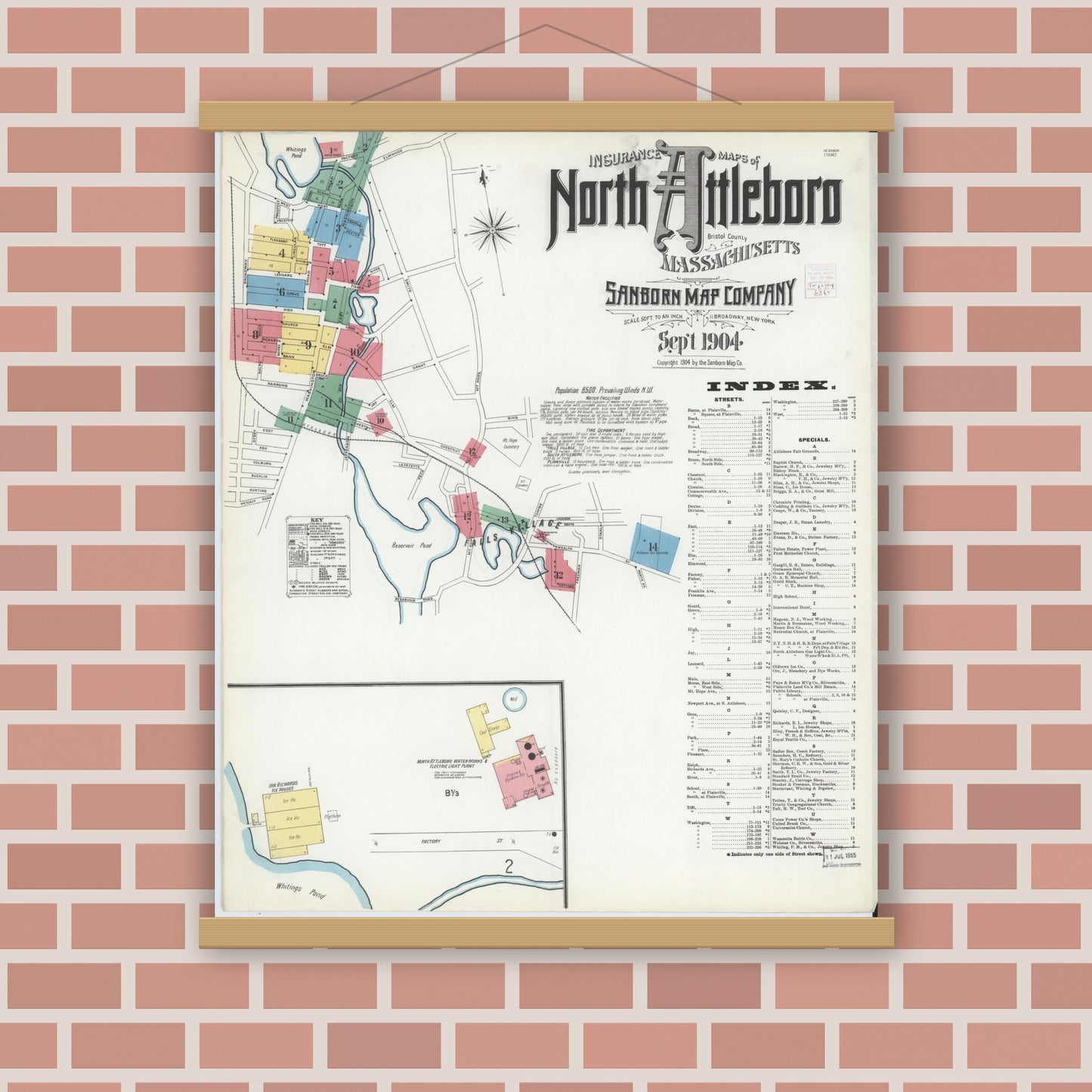 Old map wall art mockup — magnetic wood frame on brick wall — Sanborn Fire Insurance Map from North Attleborough, Bristol County, Massachusetts (1904) - Complete Map Set