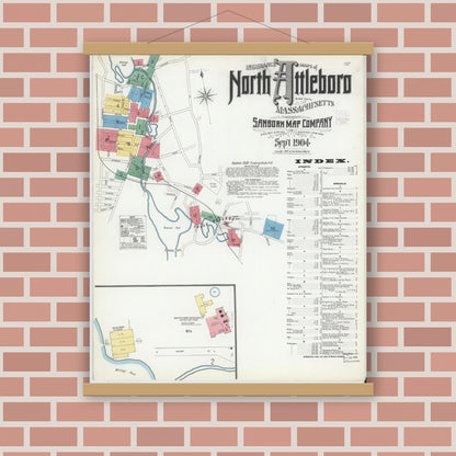 Old map wall art mockup — magnetic wood frame on brick wall — Sanborn Fire Insurance Map from North Attleborough, Bristol County, Massachusetts (1904) - Complete Map Set