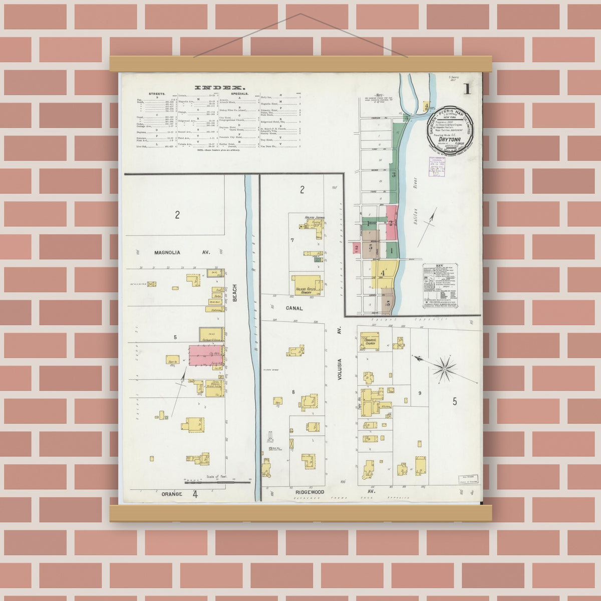 Old map wall art mockup — magnetic wood frame on brick wall — Sanborn Fire Insurance Map from Daytona, Volusia County, Florida (1901) - Complete Map Set