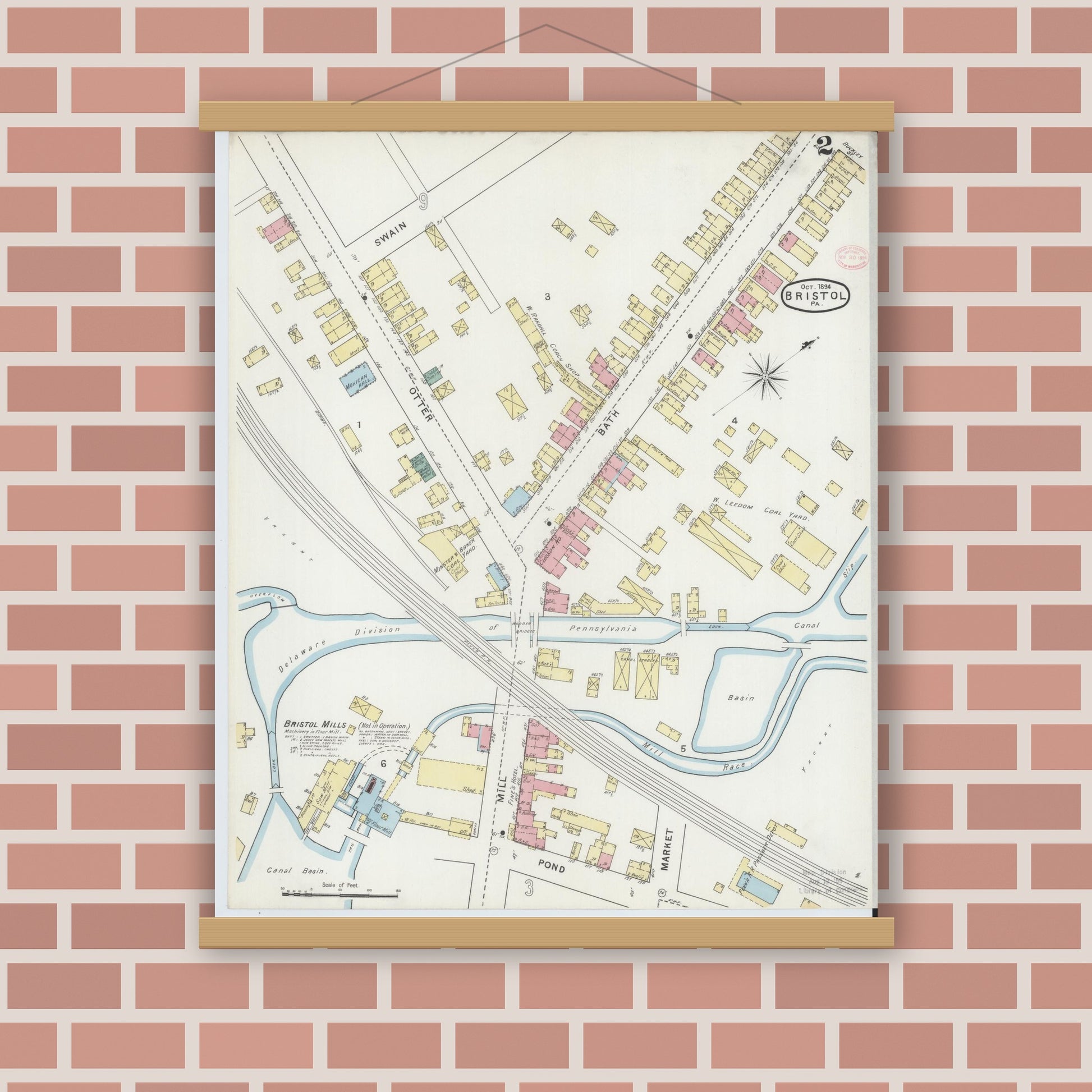 Old map wall art mockup — magnetic wood frame on brick wall — Sanborn Fire Insurance Map from Bristol, Bucks County, Pennsylvania (1894), Sheet #0002